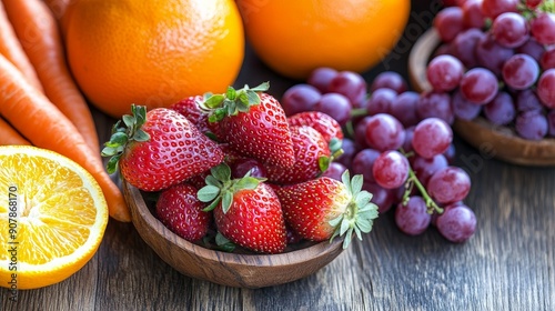 Fresh and organic strawberries and grapes on a wooden table, either at home or at a brunch establishment. Breakfast snack plate with carrots, oranges, red grapes, strawberries, and a banner panorama f