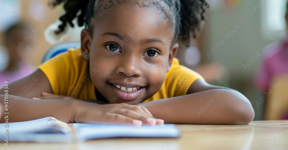 A young girl is sitting at a desk with a book open in front of her A young girl is sitting at a desk with a book open in front of her