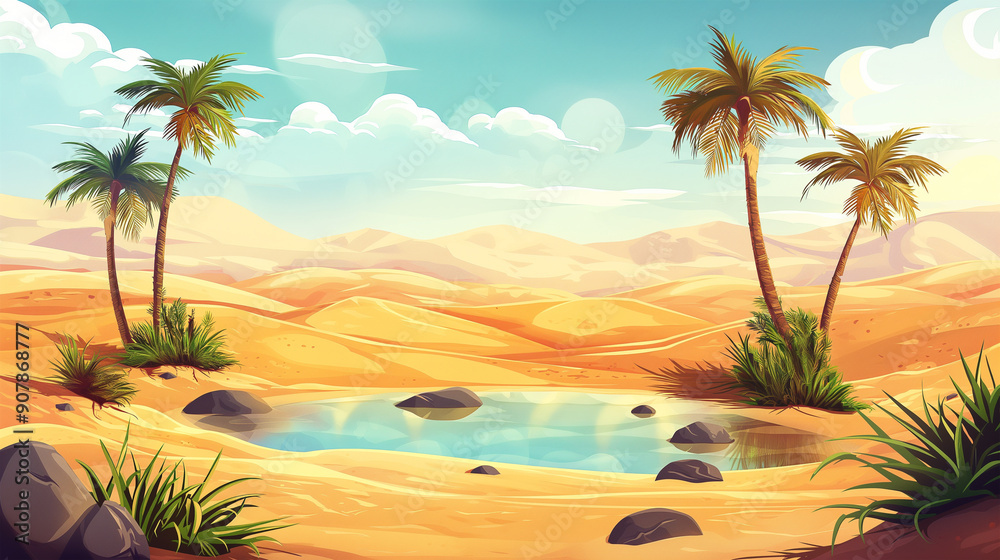 The Sandy desert with small lake under palm trees, game background, illustration The Sandy desert with small lake under palm trees, game background, illustration