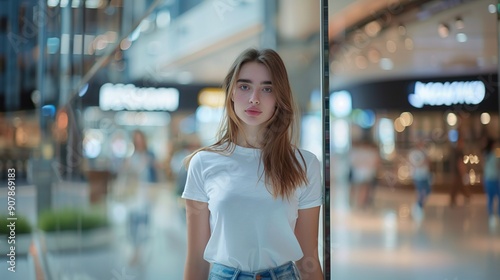 Fashionable Caucasian Woman Modeling a White T-Shirt in Front of a Department Store Glass Showcase