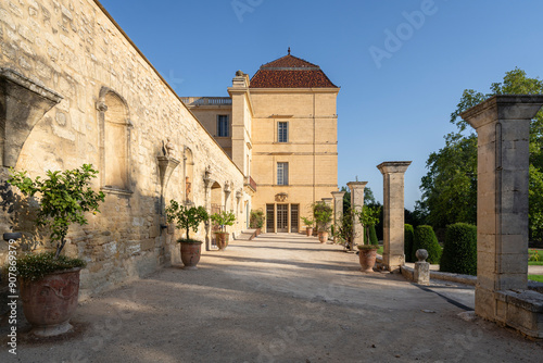 Exterior view of alley to the orangery of historic castle or chateau of Castries, Herault, France