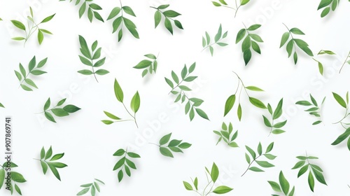 Fresh green leaves scattered on white background