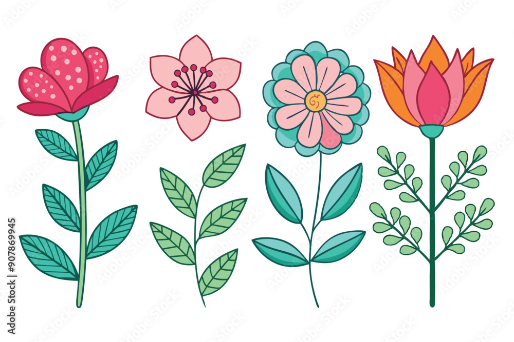 A Collection of Stylized Flowers with Green Leaves A Collection of Stylized Flowers with Green Leaves