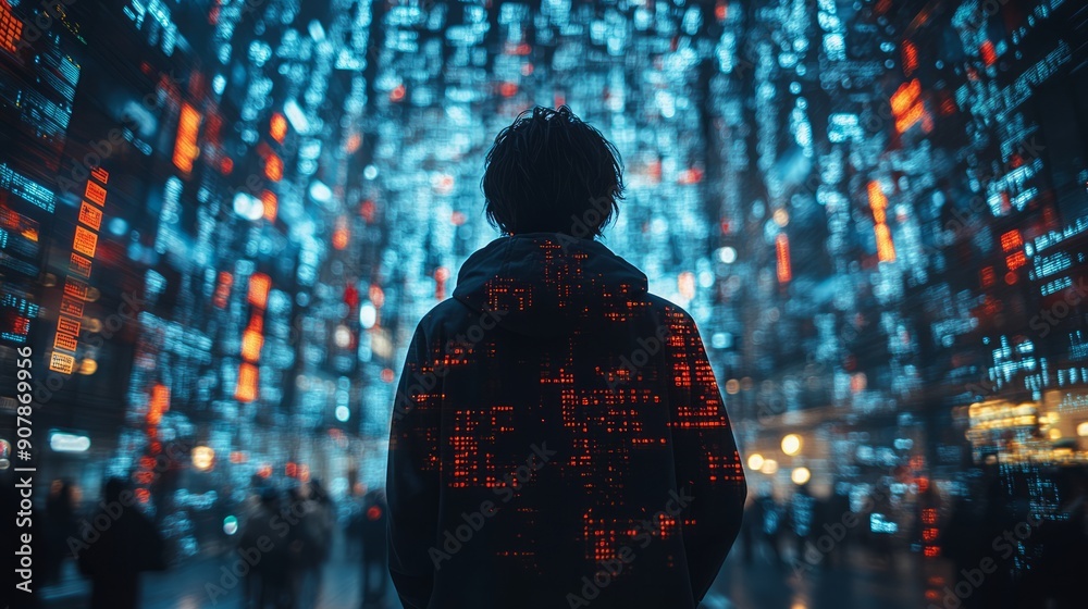 Fototapeta premium Attractive photo of hacker silhouette against a background of digital symbols.