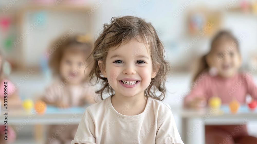 Smiling little girl in a classroom with other children in the background. Smiling little girl in a classroom with other children in the background.
