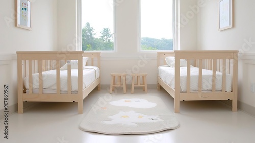 Two twin beds with a rug and stool in a white room.