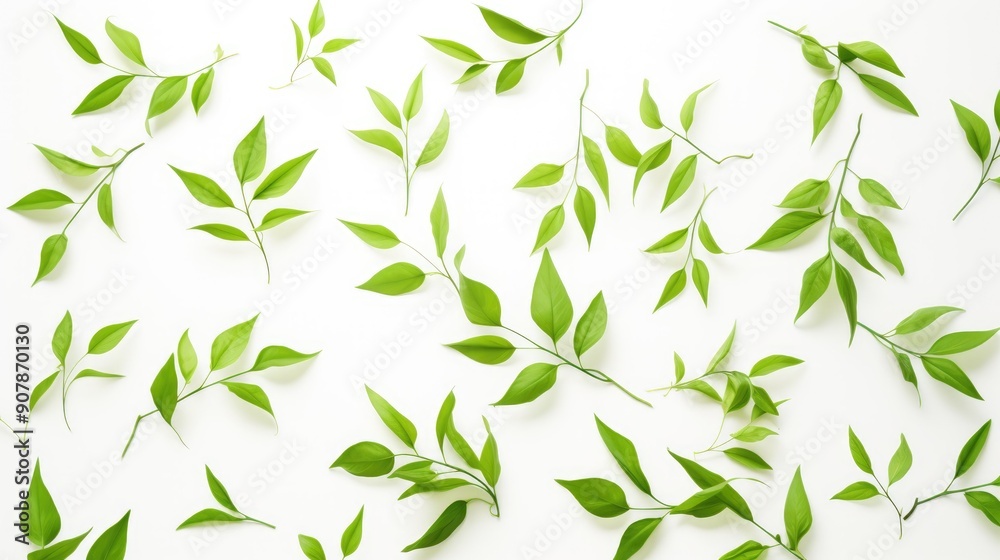 Fototapeta premium Fresh green leaves scattered on white background