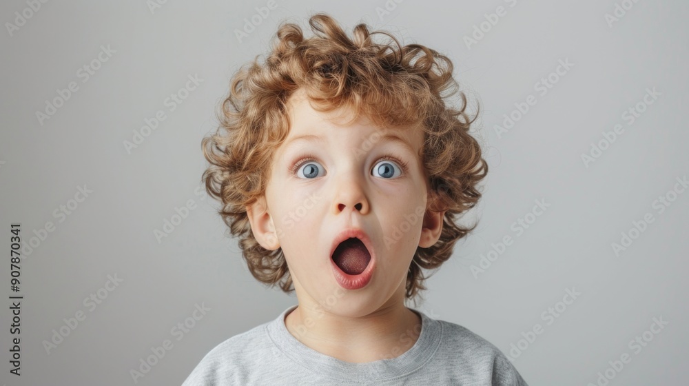A young boy with curly hair and blue eyes is wide-eyed and has his mouth open A young boy with curly hair and blue eyes is wide-eyed and has his mouth open