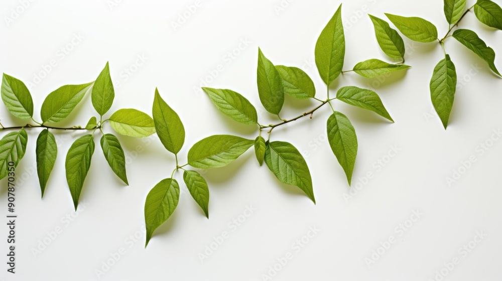 Fresh green leaves scattered on white background Fresh green leaves scattered on white background