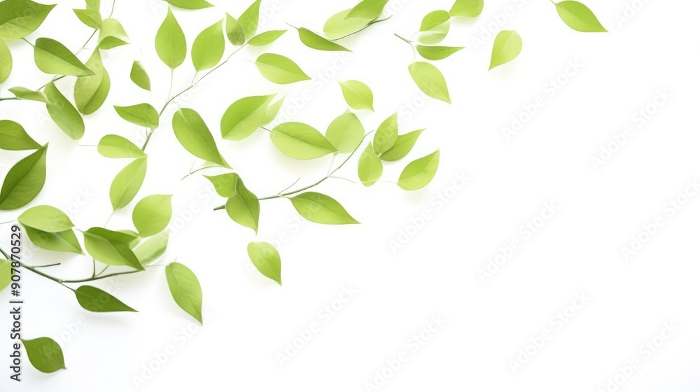 Obraz premium Fresh green leaves scattered on white background