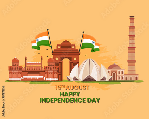 indian independence day celebration with indian flag waves famous Indian monuments with ashoka chakra
