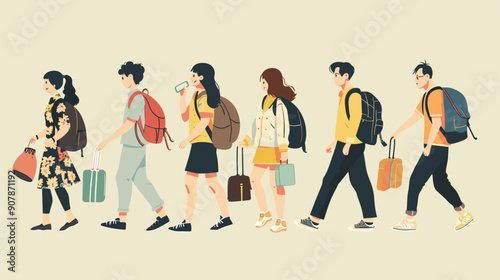 People traveling, carrying luggage, backpacks, handbags, walking, diverse age group, wearing casual clothes, various colors, beige background, artistic style. Travelers outdoors suitcase water