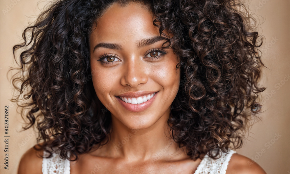 A young black woman with curly hair smiles genuinely, illuminated by warm light in a cozy indoor space, exuding joy and confidence.