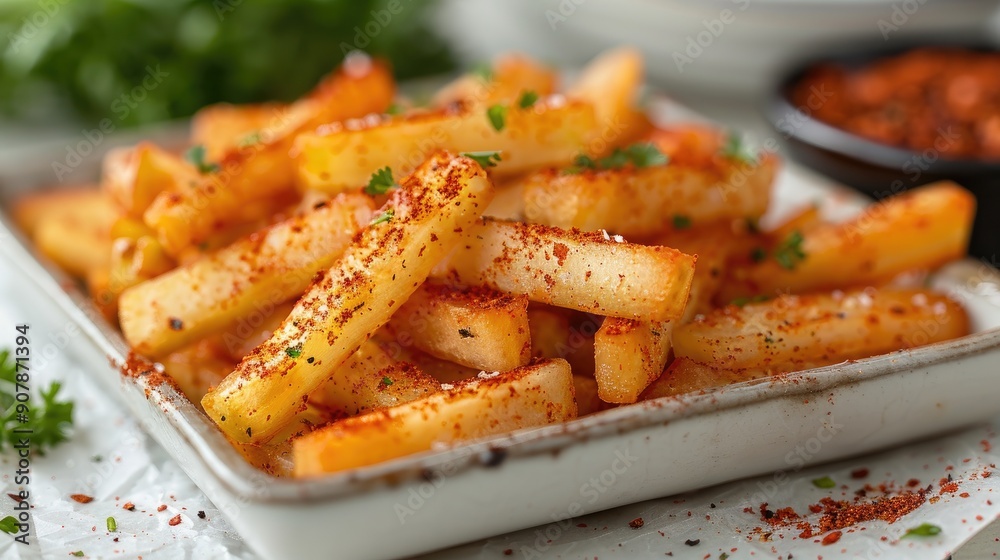 Close-up of crispy, golden French fries garnished with herbs and paprika, served in a white dish, with a bowl of spicy dip on the side. Close-up of crispy, golden French fries garnished with herbs and paprika, served in a white dish, with a bowl of spicy dip on the side.