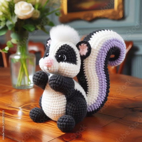 Adorable handmade crochet skunk doll with purple accents sitting on a wooden table in a cozy setting. photo