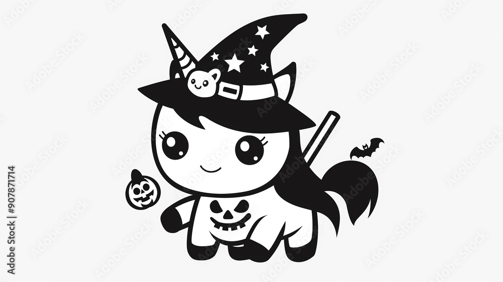 Adorable unicorn with a witch hat, sitting beside a pumpkin. Adorable unicorn with a witch hat, sitting beside a pumpkin.