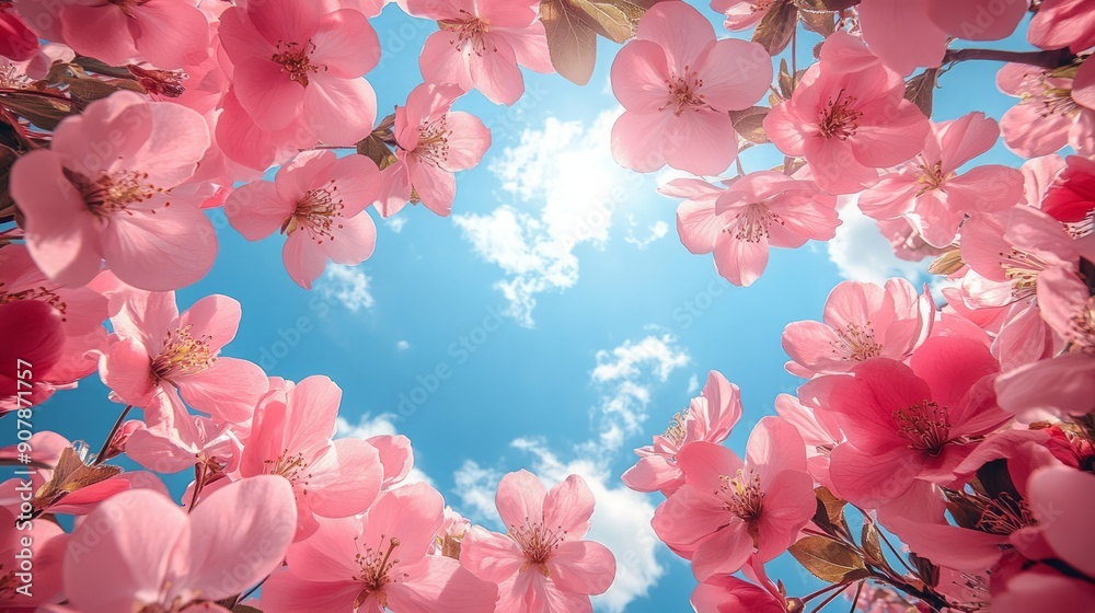 Fototapeta premium Beautiful image of a blooming garden in spring, with open sky above for text, suitable for nature-themed promotions.