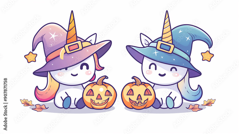 Two cute unicorns donning witch hats, playfully interacting with a pumpkin, embodying a festive Halloween spirit. Two cute unicorns donning witch hats, playfully interacting with a pumpkin, embodying a festive Halloween spirit.