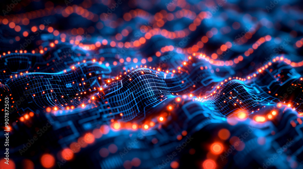 Vibrant digital landscape with glowing nodes and flowing patterns, representing data transmission in a futuristic environment. Vibrant digital landscape with glowing nodes and flowing patterns, representing data transmission in a futuristic environment.