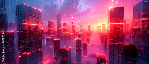 Vibrant futuristic cityscape at sunset, featuring glowing skyscrapers and a colorful sky, ideal for technology and innovation themes.