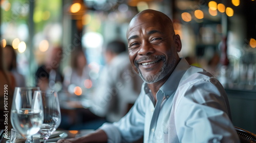 The man engages in friendly conversation with a group of diners. Pictures of a happy African-American man working at an upscale restaurant