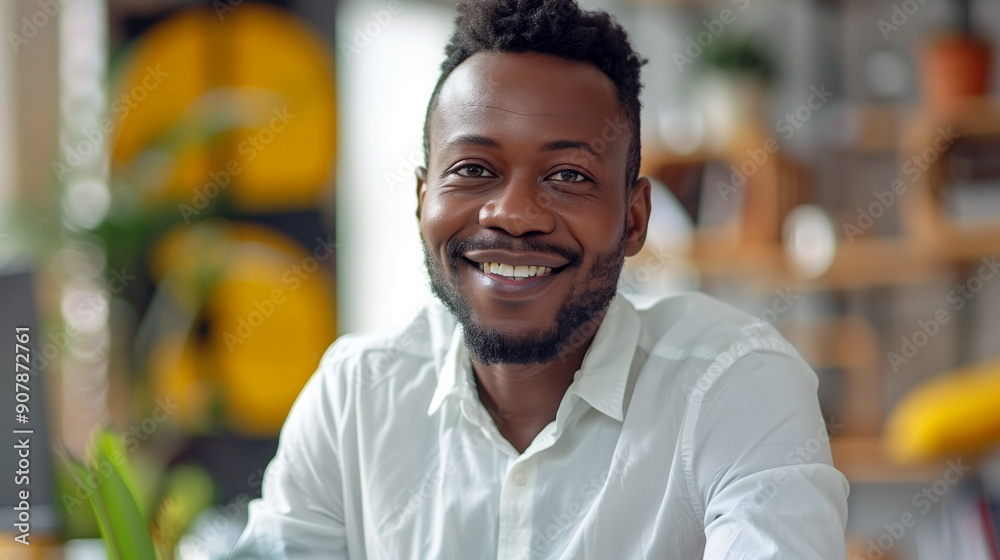 The man wipes down office desks, looking content. Photos of a happy African-American man working for a cleaning company The man wipes down office desks, looking content. Photos of a happy African-American man working for a cleaning company