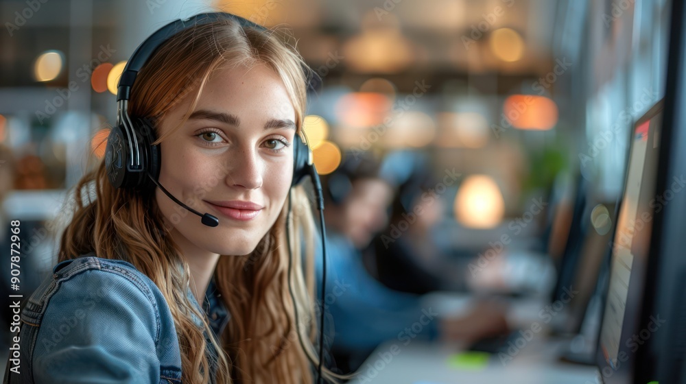 Customer Service Executive Working in Call Center with Headset and Computer Customer Service Executive Working in Call Center with Headset and Computer
