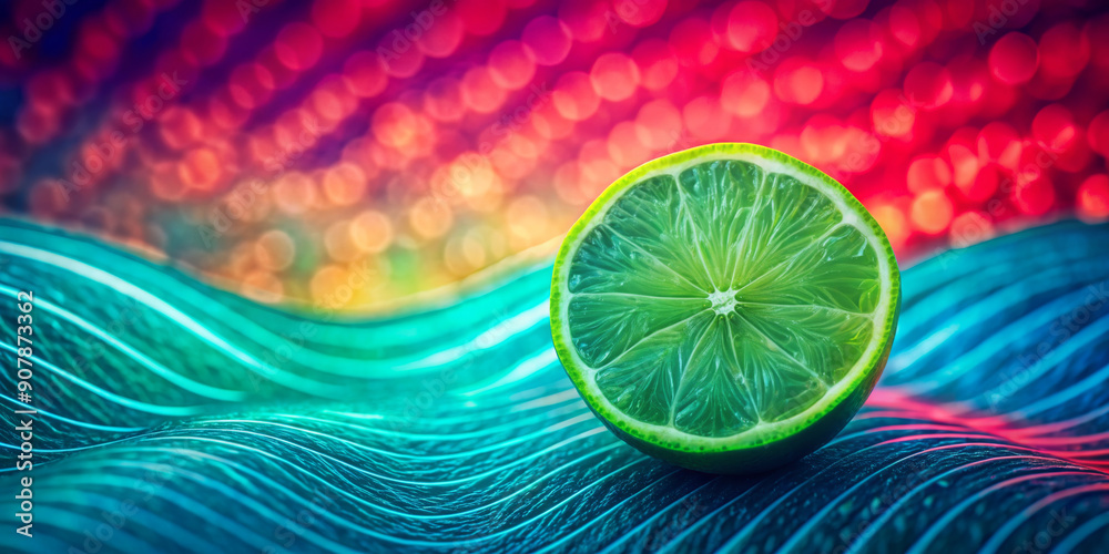 Vibrant,colorful scene shows a halved lime on wavy blue lines against a ...