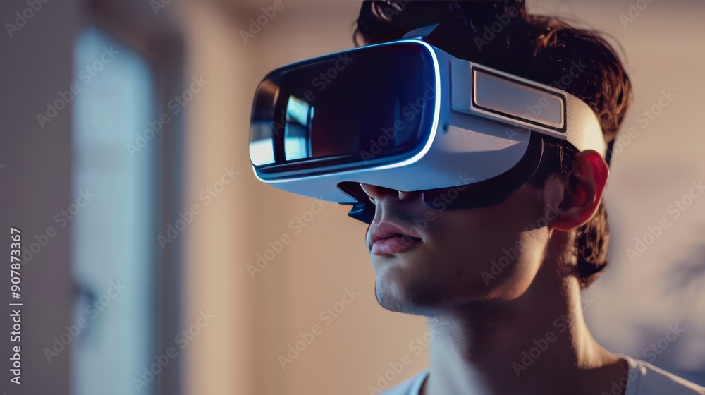Future technology a man wearing augmented reality AR, virtual reality VR headset glasses Future technology a man wearing augmented reality AR, virtual reality VR headset glasses