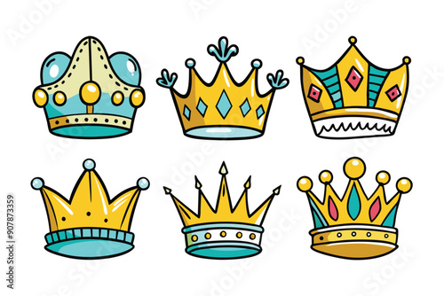 Six Colorful Hand-Drawn Crowns with Different Designs