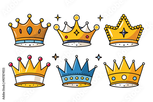 Six Cartoon Crowns with Stars on a White Background