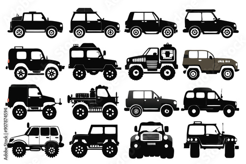 A collection of black and white silhouettes of various SUVs