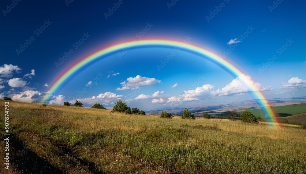 Naklejka premium 虹のかかった青空と草原