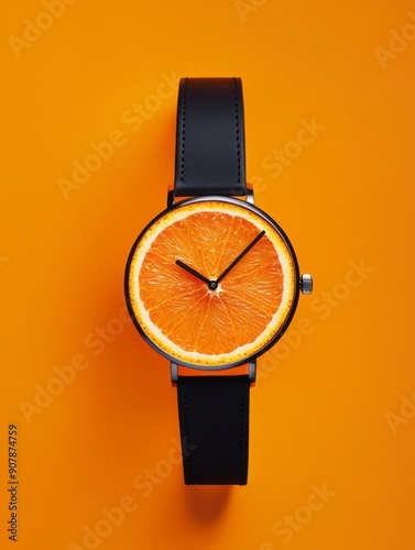 Creative black wristwatch with an orange slice as the watch face, set against a bright orange background. photo