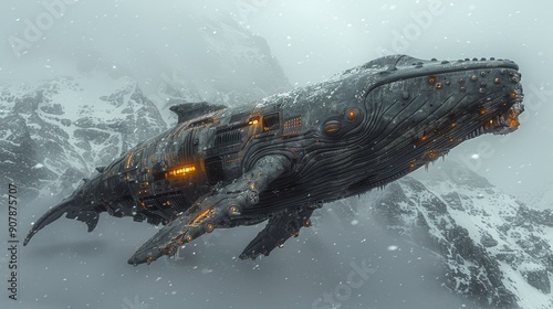 Whale-Shaped Spaceship Soaring Over Snowy Mountains photo