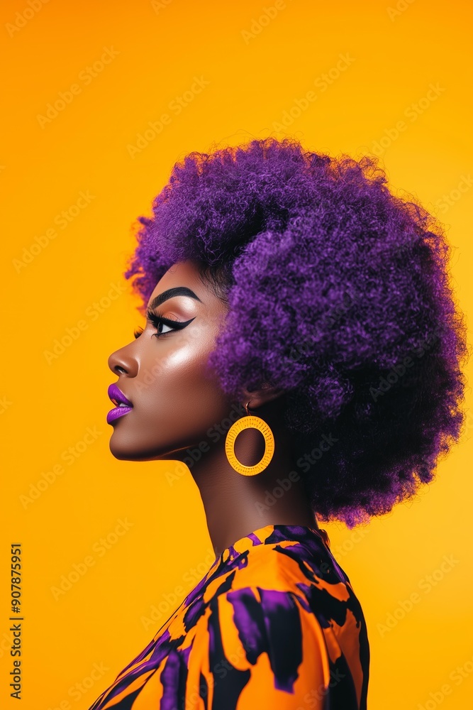 beautiful black woman with bright purple and orange afro on an orange background for Halloween beautiful black woman with bright purple and orange afro on an orange background for Halloween