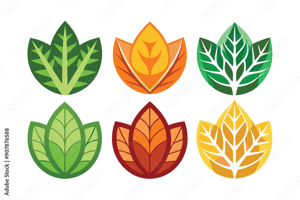 Fototapeta premium Six Colorful Stylized Leaves with Varying Shapes and Colors