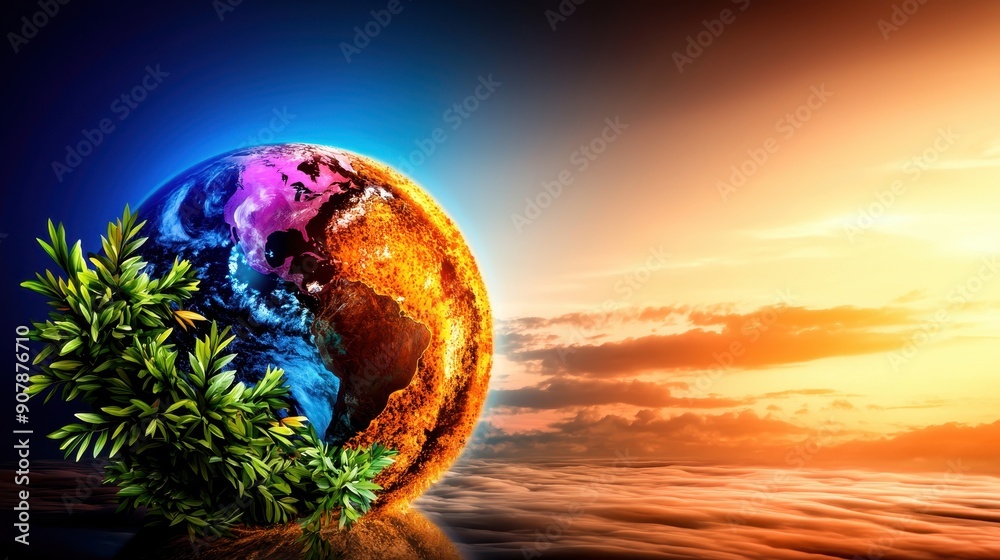 A stunning representation of Earth, blending vibrant colors and nature, symbolizing harmony between planet and sunrise.