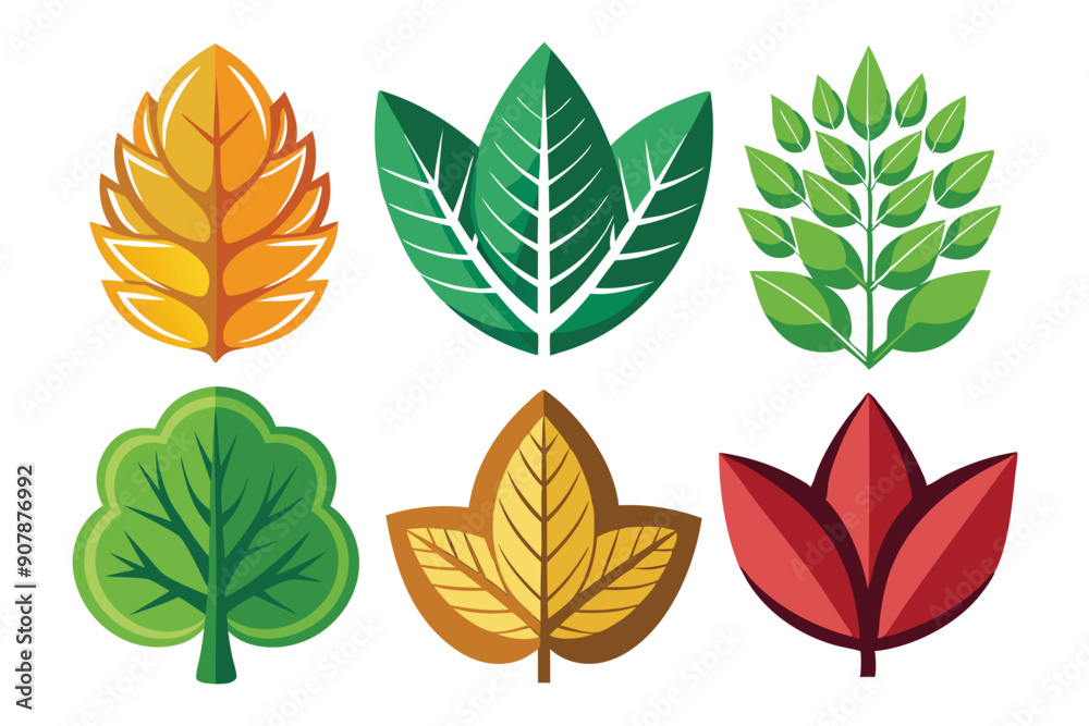 Set of six stylized leaves in various colors and shapes Set of six stylized leaves in various colors and shapes