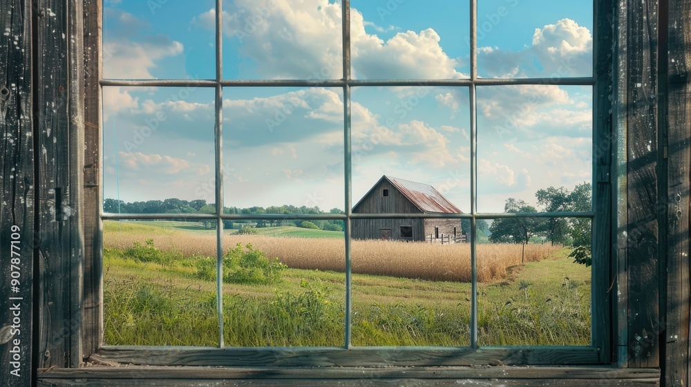 View of wooden barn and farm through window with space for text View of wooden barn and farm through window with space for text