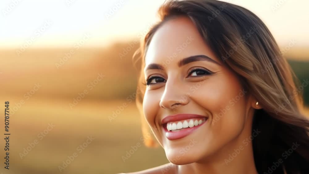 Smiling Woman Enjoys Golden Hour in Countryside Field Generative AI Smiling Woman Enjoys Golden Hour in Countryside Field Generative AI