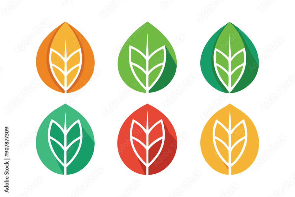 Six Colorful Leaf Icons with White Outlines and Long Shadows Six Colorful Leaf Icons with White Outlines and Long Shadows