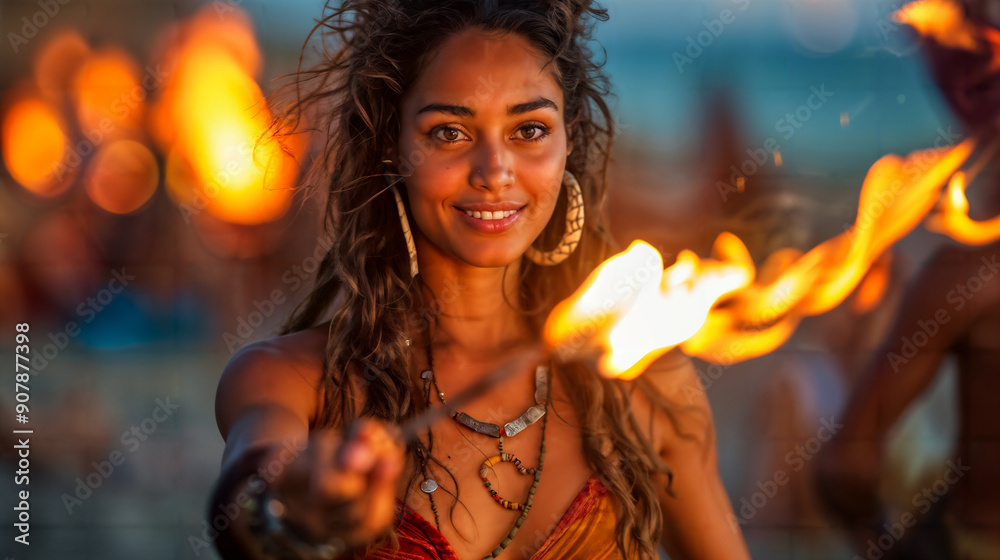 Smiling young woman performing fire dance at sunset with torches and vibrant jewelry Smiling young woman performing fire dance at sunset with torches and vibrant jewelry