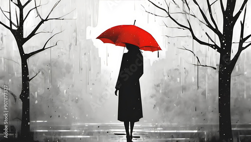 minimalist abstract surreal woman black and white red umbrella rain room for copy background wallpaper photo