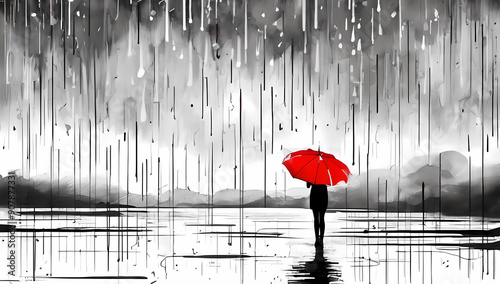 Fototapeta Naklejka Na Ścianę i Meble -  minimalist abstract surreal woman black and white red umbrella rain room for copy background wallpaper