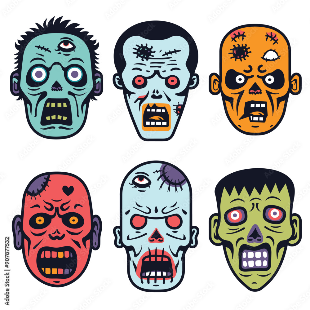 Fototapeta premium Frightening zombie cartoon faces graphic grotesque expressions. Spooky Halloween character illustrations undead heads scars, stitches, ghastly features isolated white background. Creepy monster