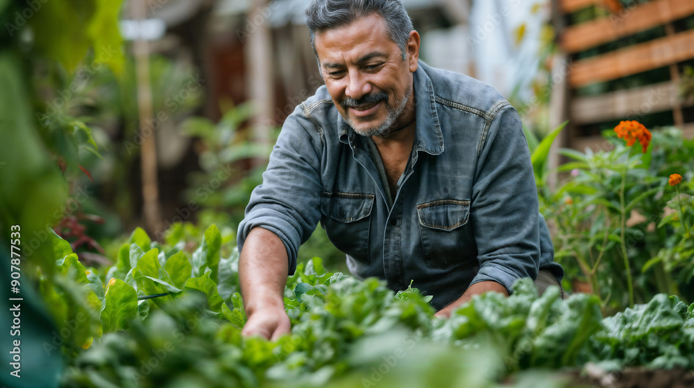 Smiling middle-aged man tending to his garden with lush green plants and vibrant flowers Smiling middle-aged man tending to his garden with lush green plants and vibrant flowers