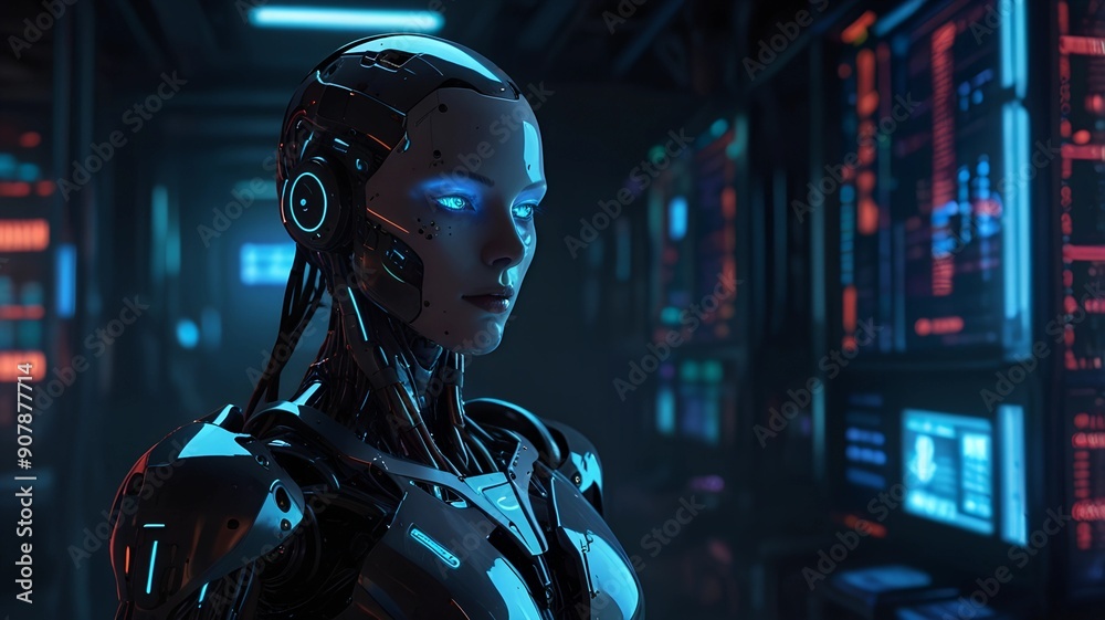 A Humanoid Robot Standing in a Dark, High-tech Laboratory. The Robot Has a Sleek, Metallic Body With Glowing Blue Eyes and Neon Accents A Humanoid Robot Standing in a Dark, High-tech Laboratory. The Robot Has a Sleek, Metallic Body With Glowing Blue Eyes and Neon Accents