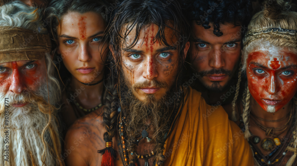 Group of diverse individuals with tribal face paint and intense expressions, united in a close formation Group of diverse individuals with tribal face paint and intense expressions, united in a close formation