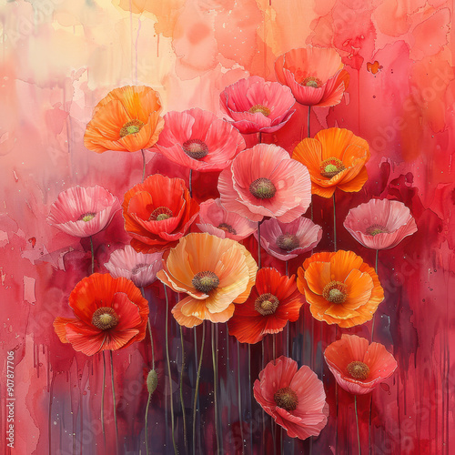 Wallpaper Mural A vibrant array of poppy flowers in shades of red, pink, and orange. Watercolor background with a mix of warm colors. Concept of nature's beauty Torontodigital.ca
